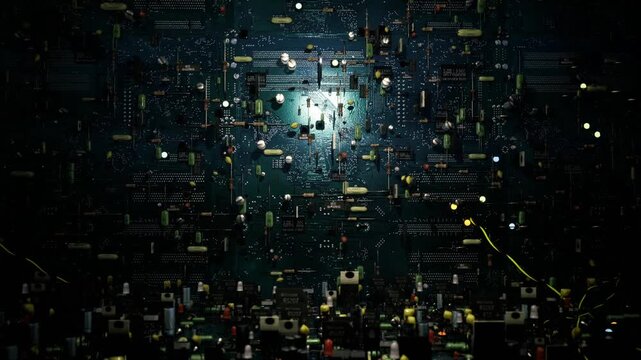 neon circuit metropolis glowing around core, dense arrangement of chips and traces resembling skyline, tiny illuminated blocks on reflective substrate,