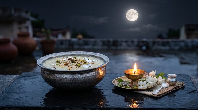 Sharad Purnima Kheer and Diya Under Full Moon with Traditional Indian Festival Atmosphere