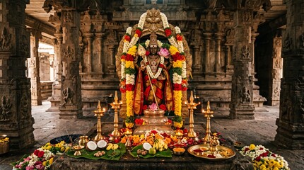 Obraz premium Skanda Sashti Festival with Lord Murugan, Vel Spear, Flowers, Diyas and Tamil Temple Decor