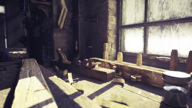 Old workbench and hand planes at window illuminated by diffused daylight scattered sketches and worn mallet suggest ongoing furniture project