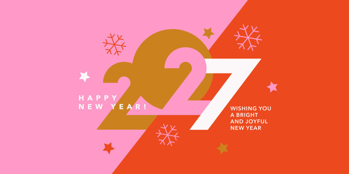 Modern Happy New Year 2027 typography design with bold geometric numbers, stars and snowflakes. Holiday template for branding, greeting cards, posters and social media.