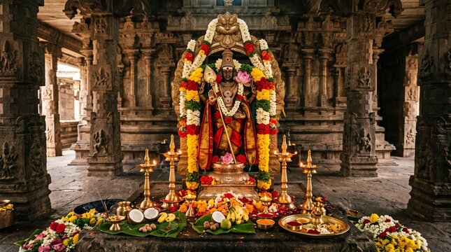 Skanda Sashti Festival with Lord Murugan, Vel Spear, Flowers, Diyas and Tamil Temple Decor