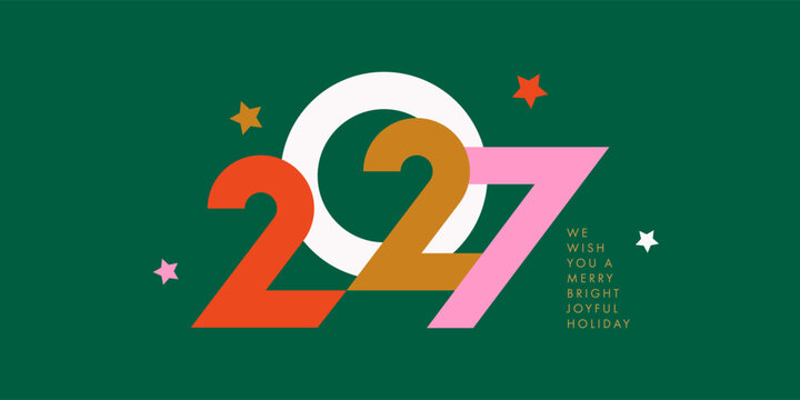 Modern Happy New Year 2027 typography design with bold geometric numbers, stars and snowflakes. Holiday template for branding, greeting cards, posters and social media.