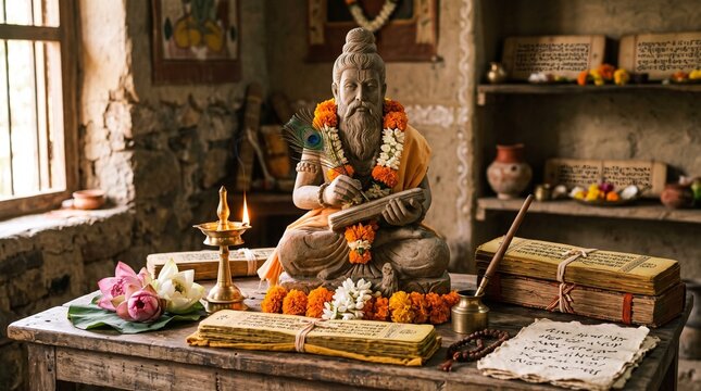 Valmiki Jayanti Festival with Sage Valmiki Statue, Ancient Manuscript Decor, Flowers and Diya