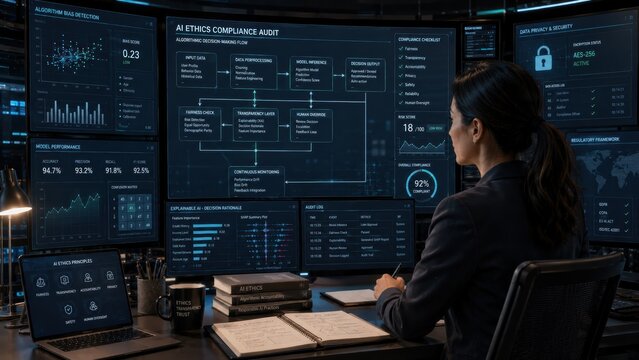 A professional woman monitors multiple digital screens displaying data analytics, ethics compliance, and security information in a modern control room.