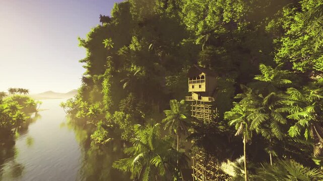 Sunlit Guatemalan riverside stilt house nestled in dense canopy, gentle mist rising from water, warm golden light reflecting on calm river surface, birds