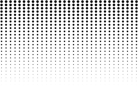 Retro-style black halftone polka dot pattern, featuring a striking diagonal gradient on white background.