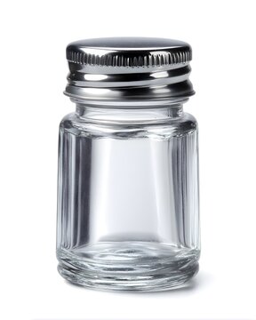 Clear glass spice bottle with metal shaker lid, compact seasoning container isolated on white background