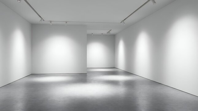 A clean and sparse 3D rendering of an empty interior room or hall featuring modern architectural details and several bright spotlights illuminating the space ideal as a template for museum exhibits