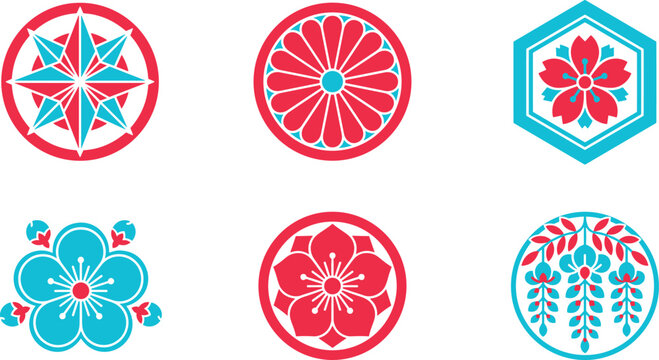 Japanese kamon crest vector illustration set featuring traditional floral emblems wisteria chrysanthemum cherry blossom and plum icons for oriental brand logo design