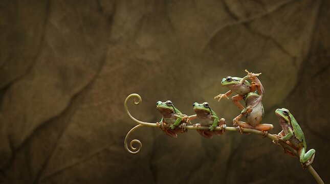 A whimsical and artistic graph of tiny tree frogs perched on a thin plant stem appearing to strike a pose reminiscent of a yoga asana all set against a dark earthy brown background that highlights