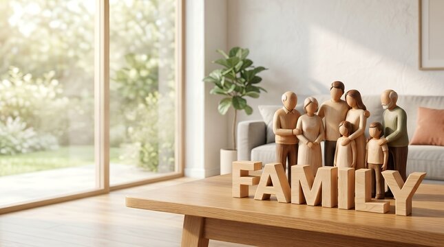 Warm Wooden Family Figures and "FAMILY" Word Art in a Sunlit Modern Living Room