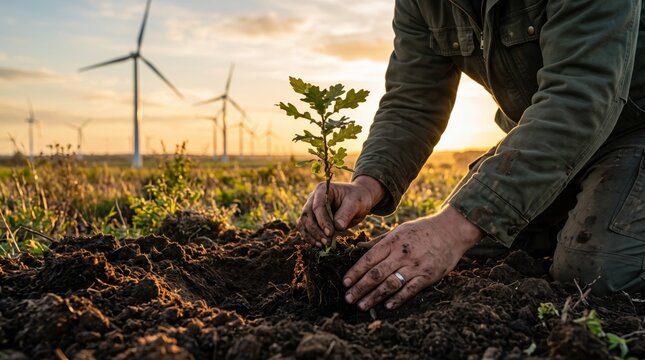 Hands planting a young oak sapling in fertile soil with wind turbines in the at sunset, symbolizing renewable energy and environmental conservation, sustainable agriculture