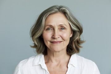 Fototapeta premium Radiant mature, senior woman with natural long wavy grey hair and friendly smile posing against a simple light grey background captured in professional studio portrait lighting with focus