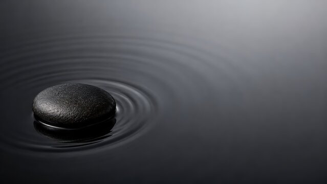 A smooth black stone floats calmly on dark water, creating gentle ripples that spread outward in a serene and minimalist setting.