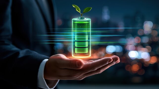 A glowing green battery with a small plant sprout floats above a hand, symbolizing sustainable energy and eco-friendly technology.