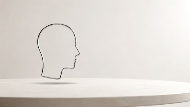Minimalistic wireframe sculpture of a human head floating above a round marble table against a plain background.