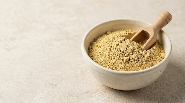 Yellow bentonite powder in a bowl with kaolin texture close-up representing homemade beauty treatment and wellness yellow bentonite powder clay kaolin texture bowl container homemade DIY beauty