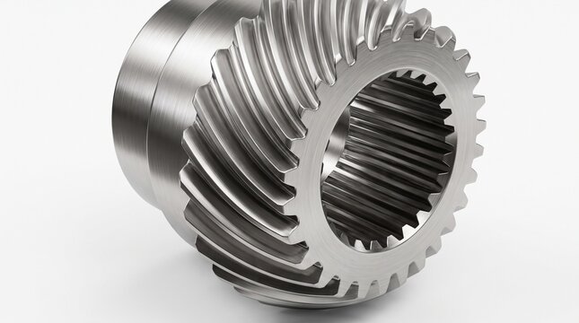 A polished steel helical gear sits on a white background for industrial engineering.