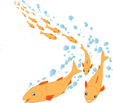 School of orange fish swimming underwater with water bubbles vector illustration