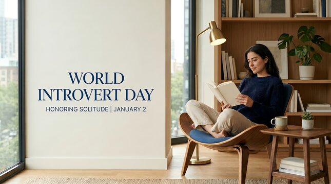 Warm Modern Interior Scene with a Young Woman Reading a Book on World Introvert Day