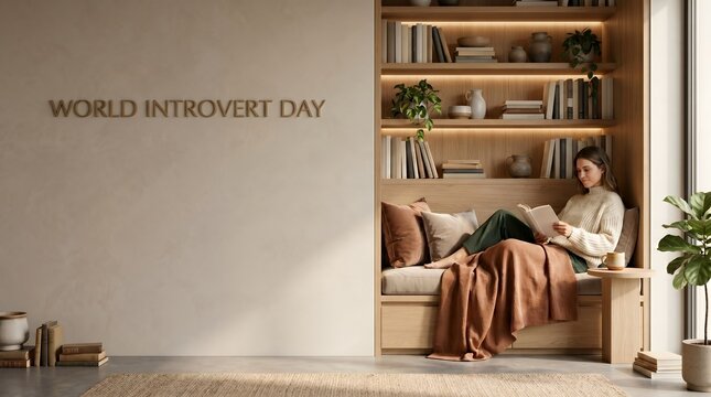 Cozy Contemporary Reading Nook Scene Celebrating World Introvert Day with Warm Natural Light