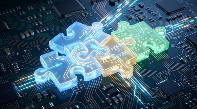 Glowing puzzle pieces arranged on a circuit board backdrop