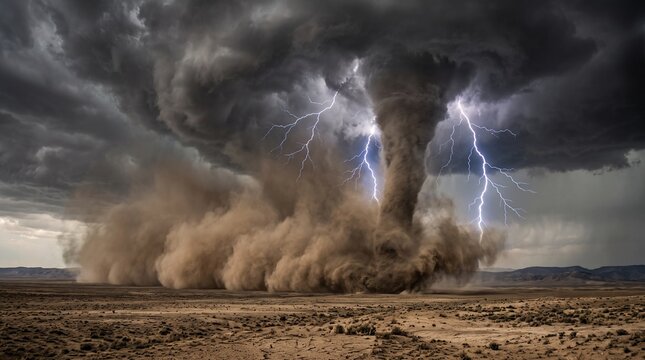 Dramatic tornado with lightning strikes over a desert landscape