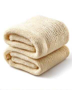 Folded cream-colored throw blanket with soft knit texture, home textile isolated on white background