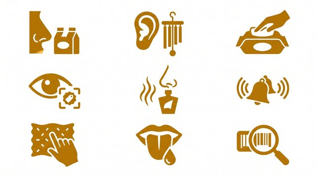 Sensory perception icon set, a collection of nine brown flat vector illustrations depicting the five senses and related concepts, ideal for educational and medical design.