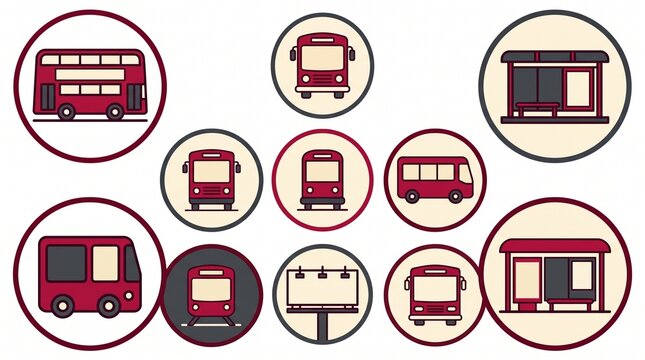 Public transport vector icon set, featuring red double-decker buses, city buses, and bus stops. A comprehensive collection of urban transportation elements for design projects.