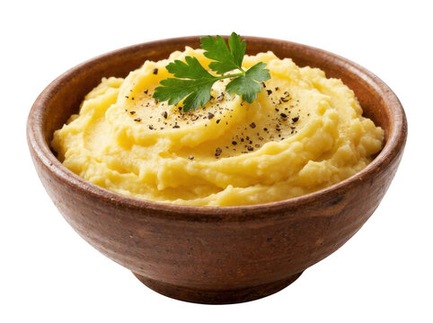 Creamy mashed potatoes in rustic bowl isolated on transparent background