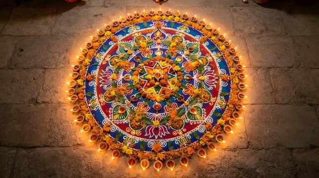 Beautiful circular rangoli design decorated with marigold flowers and glowing clay oil lamps on a stone floor for diwali festival celebration