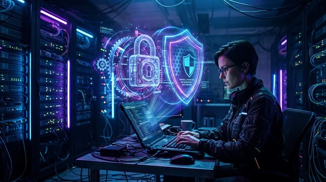 IT expert in a server room typing on a laptop with a glowing digital padlock and shield overlay, symbolizing cybersecurity and data protection insurance.