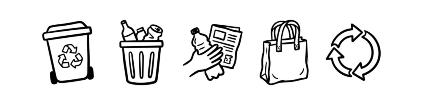 Set of hand-drawn black and white doodle icons for recycling, sustainability, and waste reduction featuring a wheelie bin, reusable bag, and eco-friendly symbols on a white background.