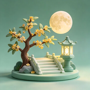 Miniature clay garden ornament with glowing lantern and full moon