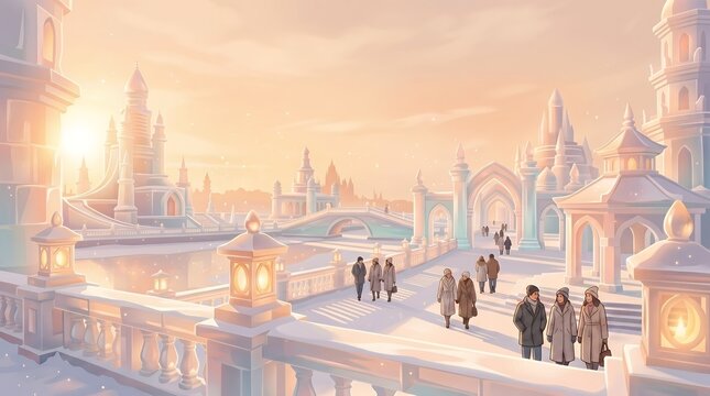Whimsical Snowfall Scene with People Strolling Through a Frozen Palace Cityscape at Sunrise