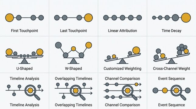 Marketing Attribution Models illustration, a collection of twelve business icons for data analysis, customer journey, and touchpoint evaluation, on a clean white background
