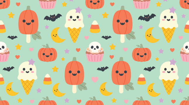 A cute seamless pattern featuring kawaii ice cream cones and pumpkins as a colorful and fun festive halloween background for kids