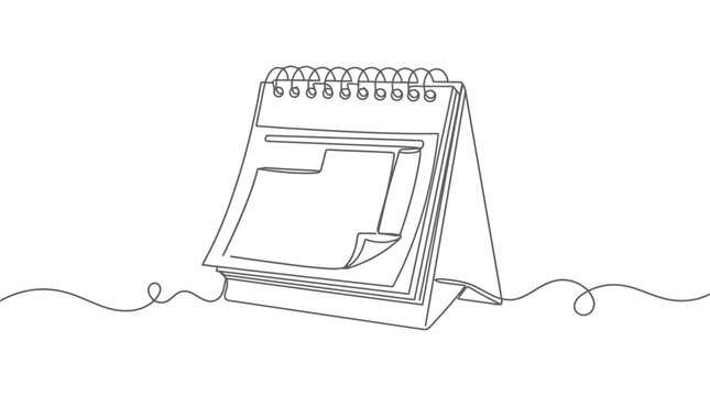 Desk calendar with pages turning in continuous line art style.
