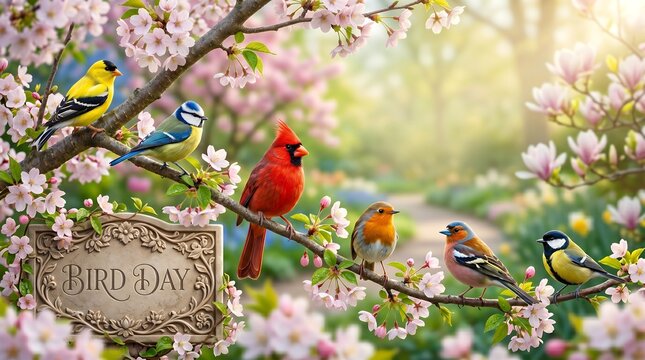 Beautiful Spring Scene With Various Colorful Birds Perched on Blooming Cherry Blossom Branches and a Decorative Bird Day Plaque