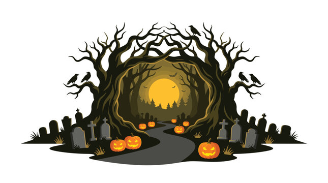 A spooky halloween background featuring a dark forest with glowing pumpkins and a graveyard path leading to a bright full moon