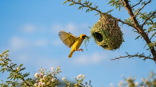 Detailed Closeup Shot of a Bright Yellow Weaver Bird Building a Nest with Grass on a Thorny Tree Branch