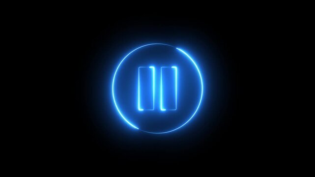 Neon pause button sign icon animation glowing blue color player pause circle stop music video and audio media control sign symbol on black background