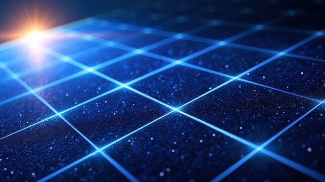 Blue digital grid with glowing lines and light flare, resembling a futuristic or virtual space environment.