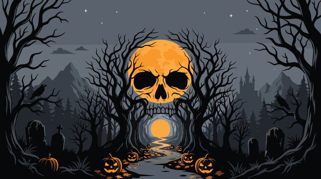 A spooky halloween background featuring a glowing giant skull integrated into a dark forest scene with pumpkins and a full moon