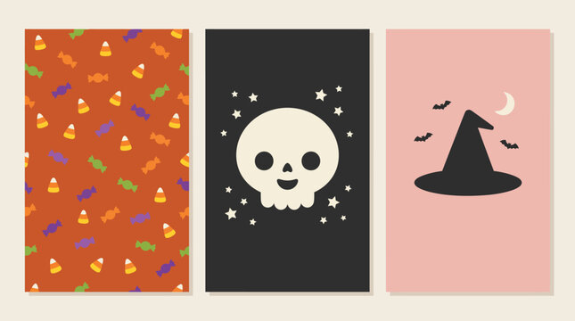 A festive halloween background featuring three distinct panels with cute skull illustrations witch hats and orange autumn patterns for seasonal design