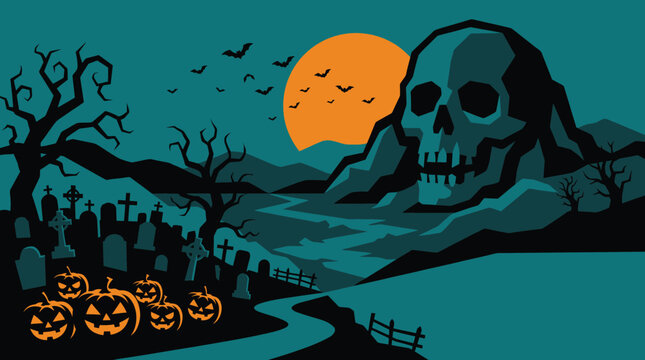 A spooky vintage style halloween background featuring a giant skull mountain graveyard and a glowing orange full moon in the night sky