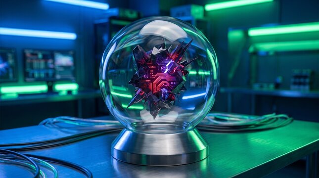 Glowing Cybernetic Crystal Artifact Inside Glass Dome in Neon High Tech Laboratory