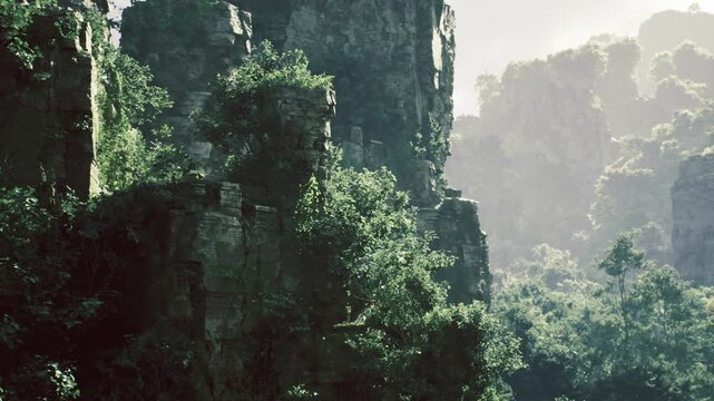 Textured rock monolith sprouting lush plants, deep crevices filled with moss and lichen, rugged surfaces catching angled light, intimate closeup ideal